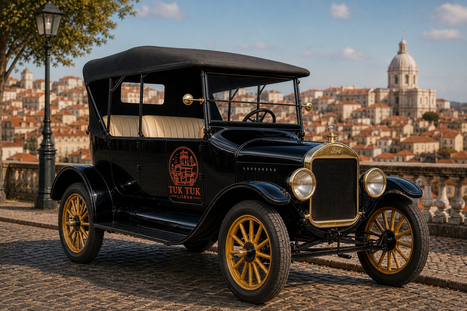 Black vintage tour car with Tuk Tuk Lisbon logo on a cobblestone miradouro